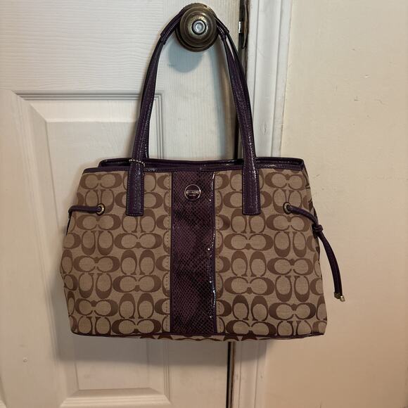 Coach Signature H1380-F24882 Handbag Tote Purple Python Stripe canvas leather - Picture 1 of 9
